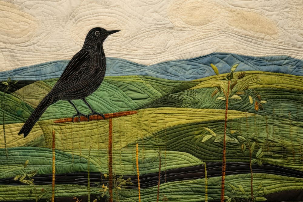 Stunning joyful bird with agriculture field painting textile animal.