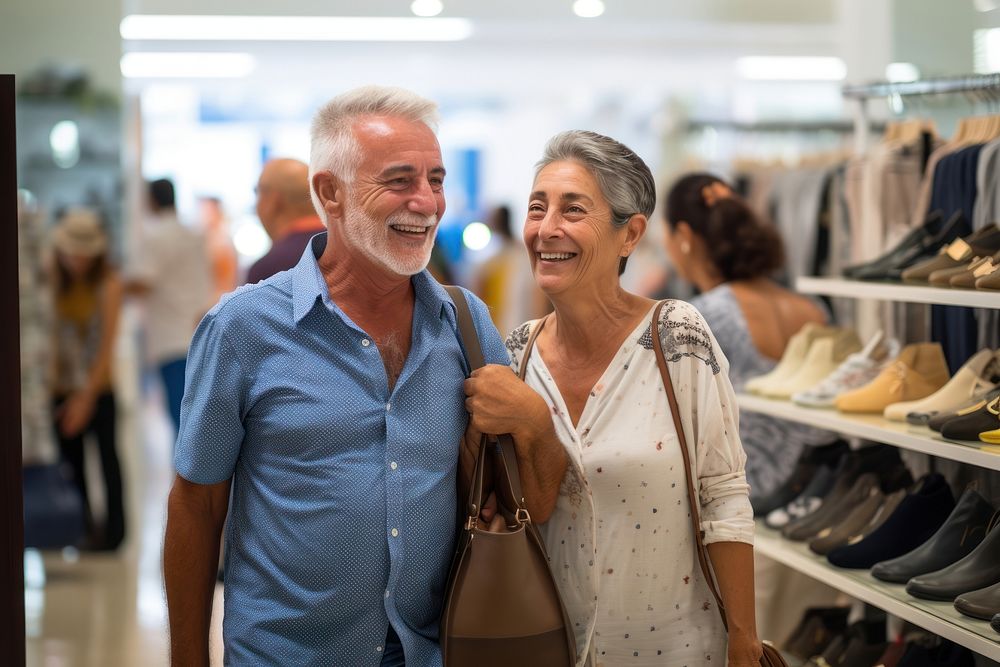 A senior Cuban couple shopping in the department store during discount time footwear adult bag.