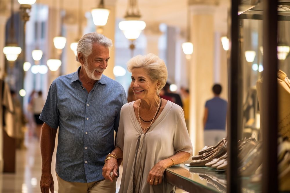 A senior Cuban couple shopping in the department store during discount time adult togetherness affectionate.