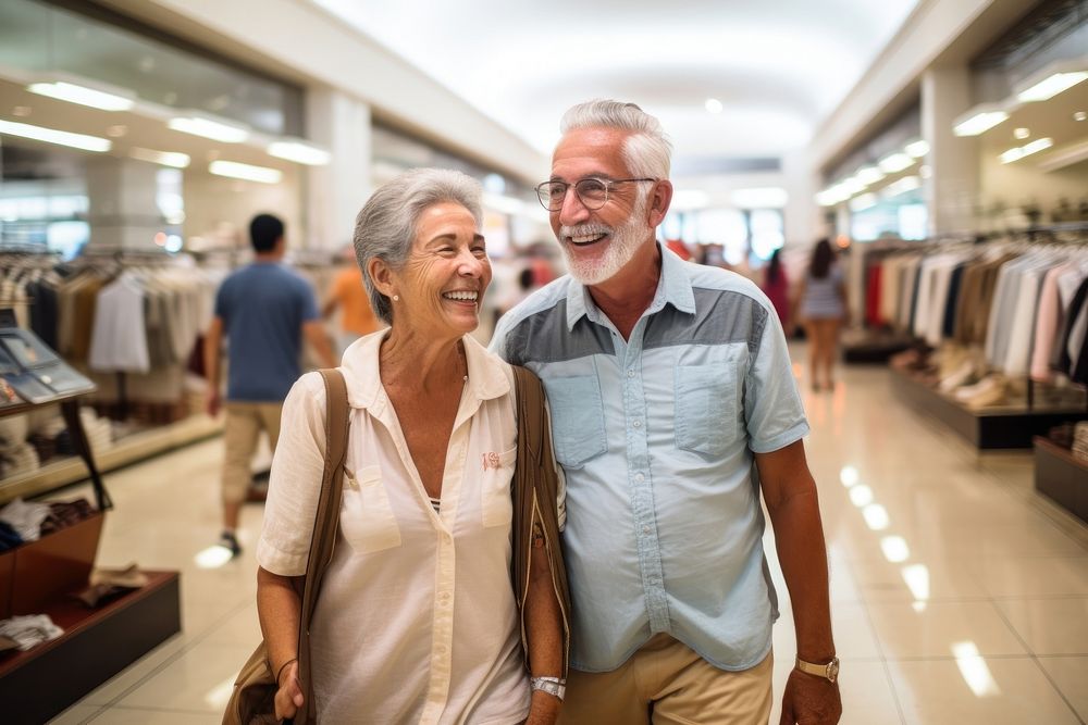 A senior Cuban couple shopping in the department store during discount time glasses adult togetherness.