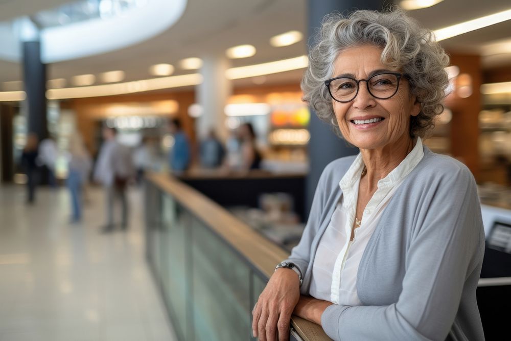 A senior Latin woman shopping in the department store during discount time glasses adult smile.