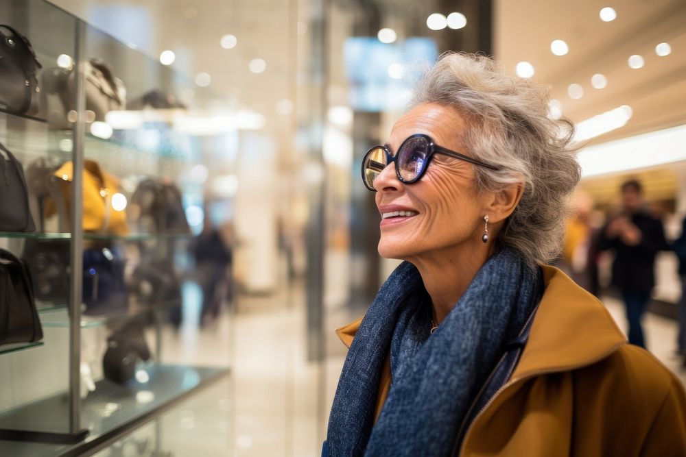 A senior Latin woman shopping in the department store during discount time adult scarf coat.