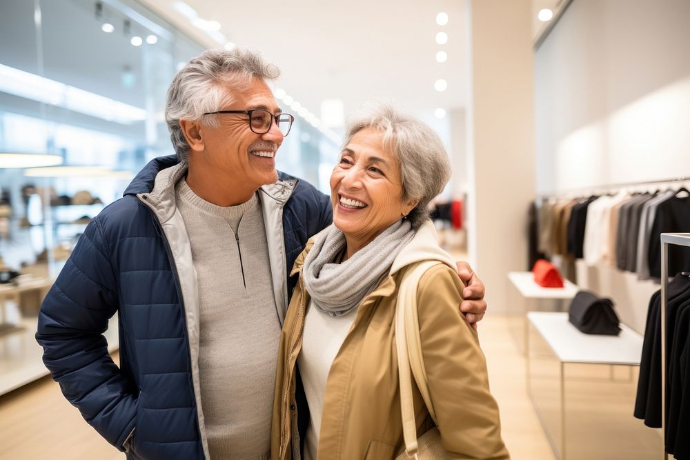A senior Latin couple shopping in the department store during discount time laughing adult togetherness.