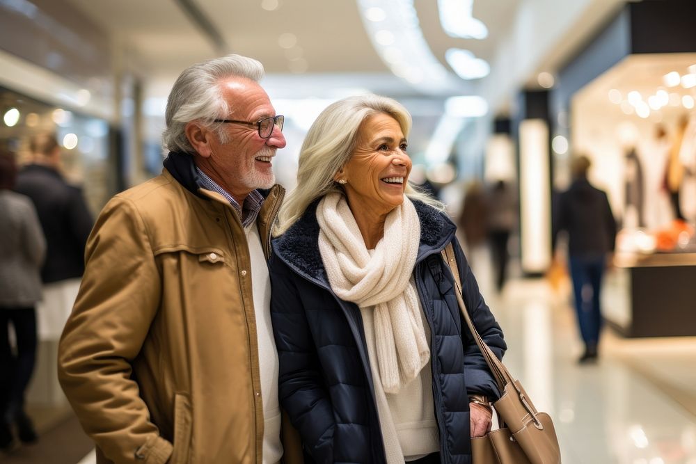A senior Latin couple shopping in the department store during discount time laughing glasses adult.
