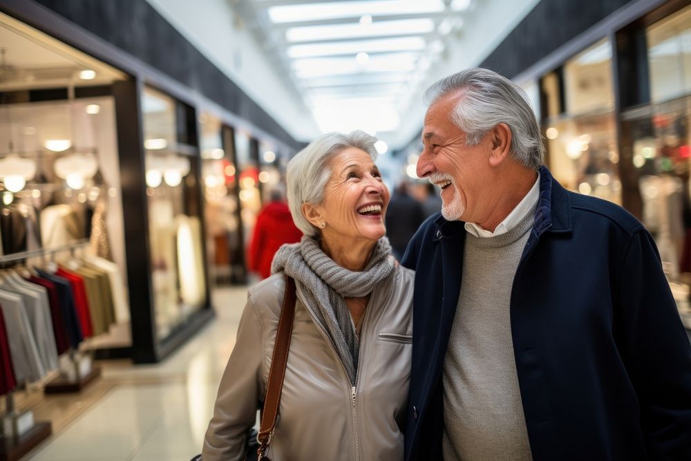 A senior Latin couple shopping in the department store during discount time laughing adult togetherness.