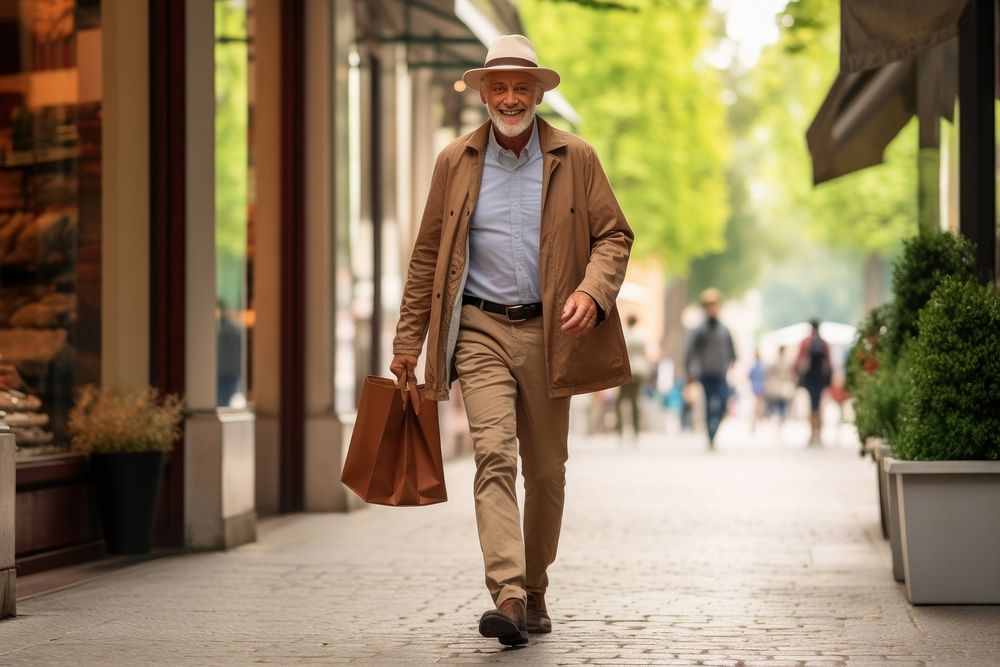 A smart looking old Latin man walking with shopping bag adult coat men.