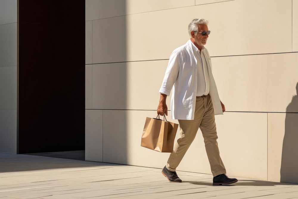 A smart looking old Latin man walking with shopping bag footwear glasses handbag.