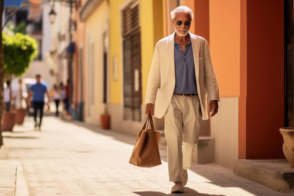 A smart looking old Latin man walking with shopping bag city men architecture.