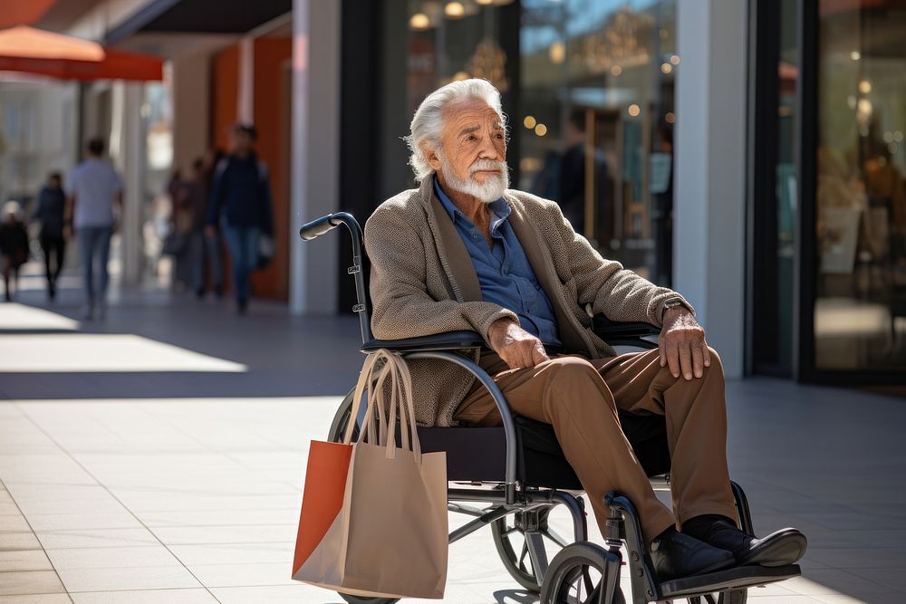 A smart looking old Latin man on wheelchair with shopping bags sitting adult men.