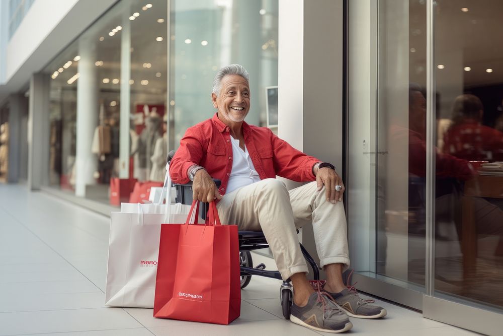 A smart looking old Latin man on wheelchair with shopping bags footwear sitting adult.
