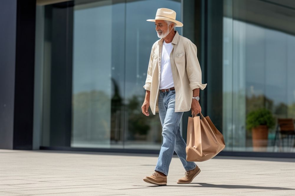 A smart looking old Latin gay walking with shopping bag handbag adult architecture.