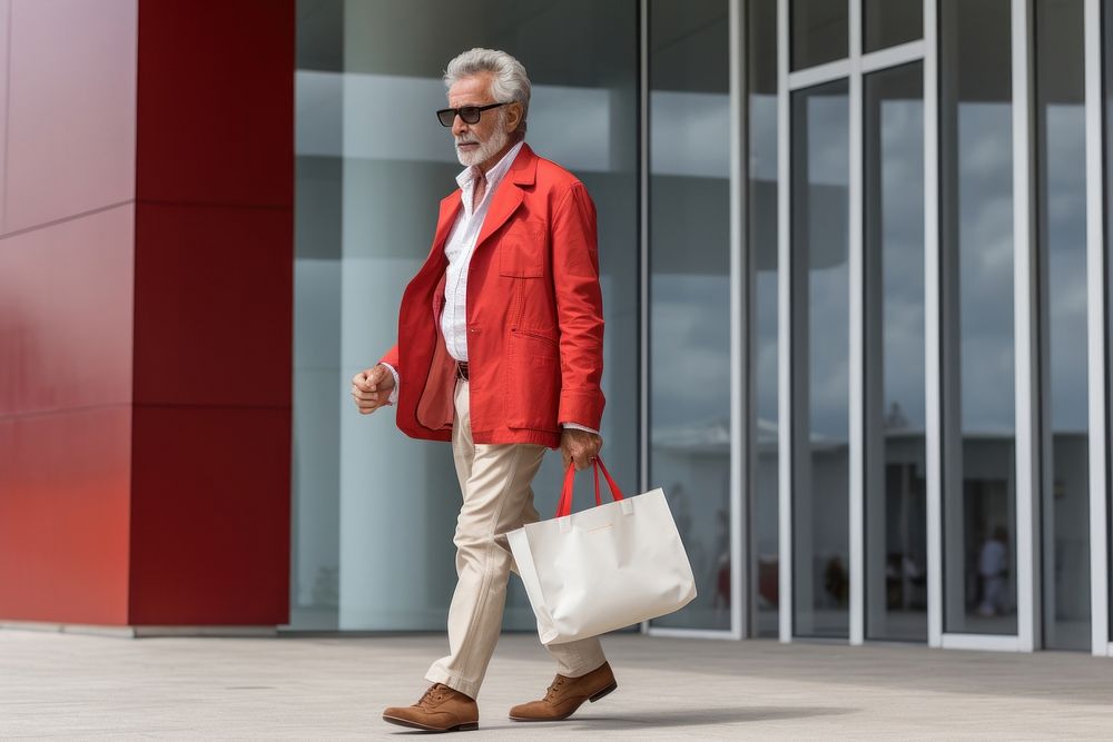 A smart looking old Latin gay walking with shopping bag glasses handbag blazer.