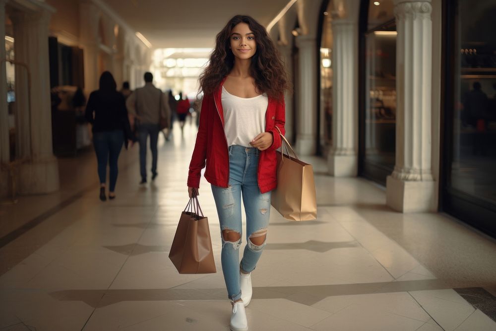 A smart looking old Latin teen walking with shopping bag handbag jeans denim.