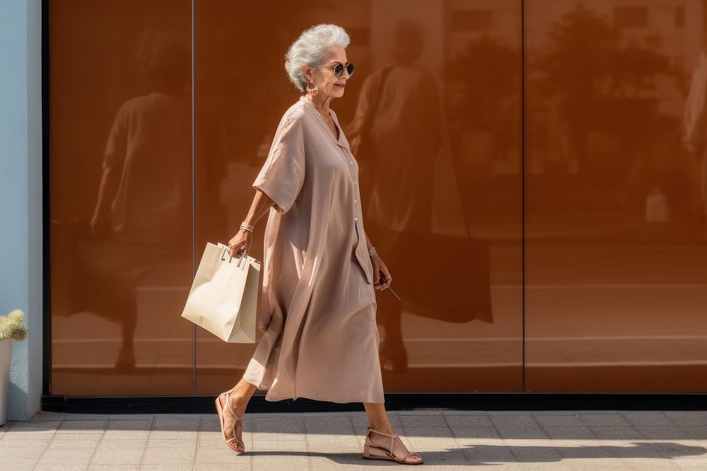 A smart looking old Latin woman walking with shopping bag handbag adult architecture.