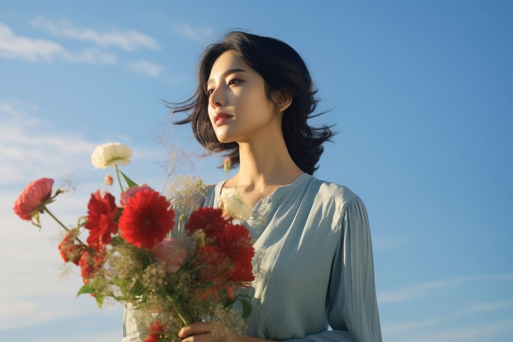 Asian woman looking at bouquet in her hand sunlight flower plant. AI generated Image by rawpixel.