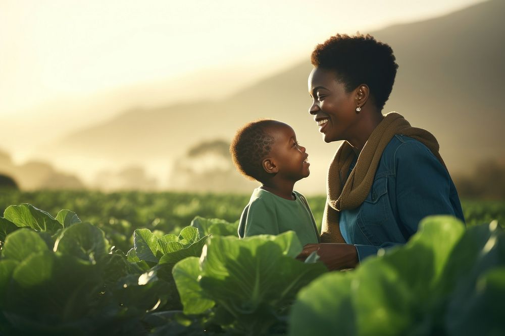 An african woman and her child in a field of lettuce photography portrait plant.