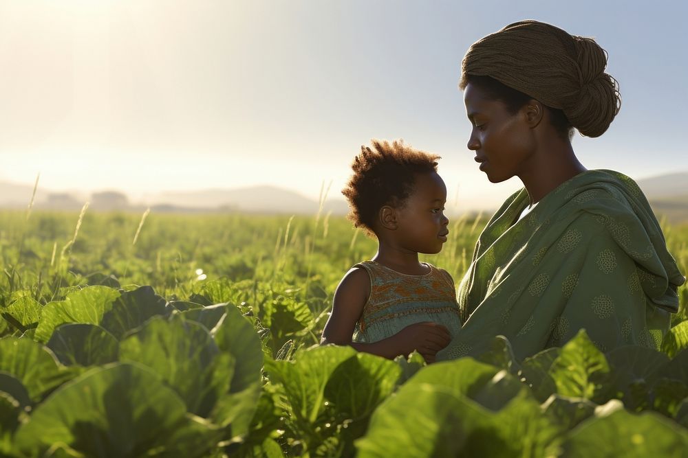 An african woman and her child in a field of lettuce photography landscape outdoors.