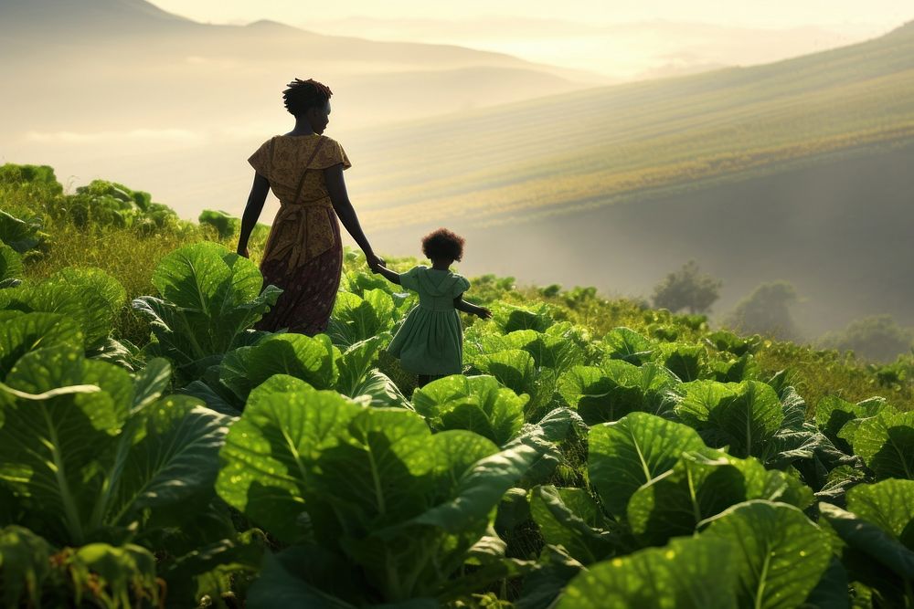 An african woman and her child in a field of lettuce landscape vegetable outdoors.