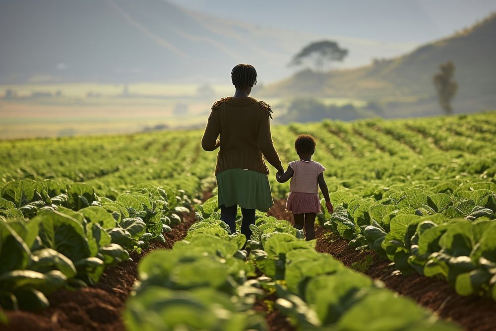 An african woman and her child in a field of lettuce landscape outdoors walking.