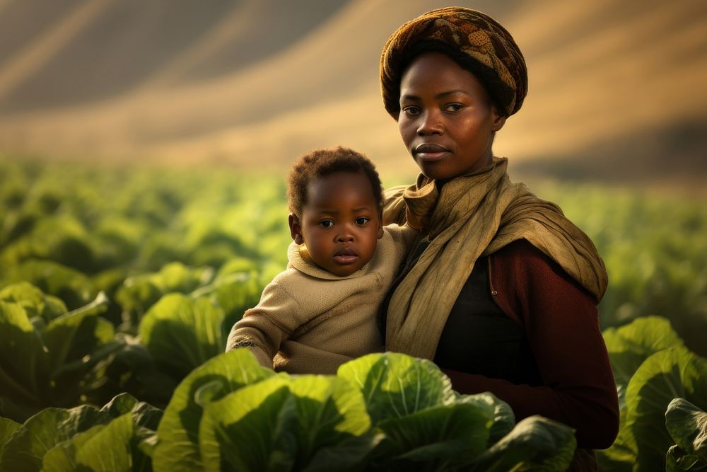 An african woman and her child in a field of lettuce agriculture photography vegetable.