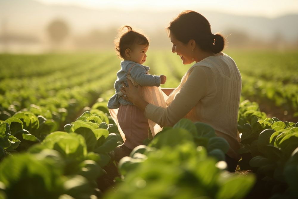 An hispanic woman and her child in a field of lettuce photography vegetable outdoors.