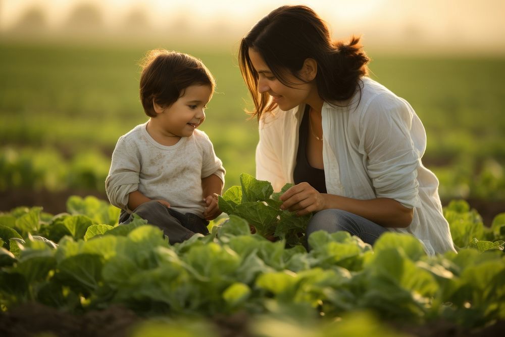 An hispanic woman and her child in a field of lettuce vegetable plant adult.