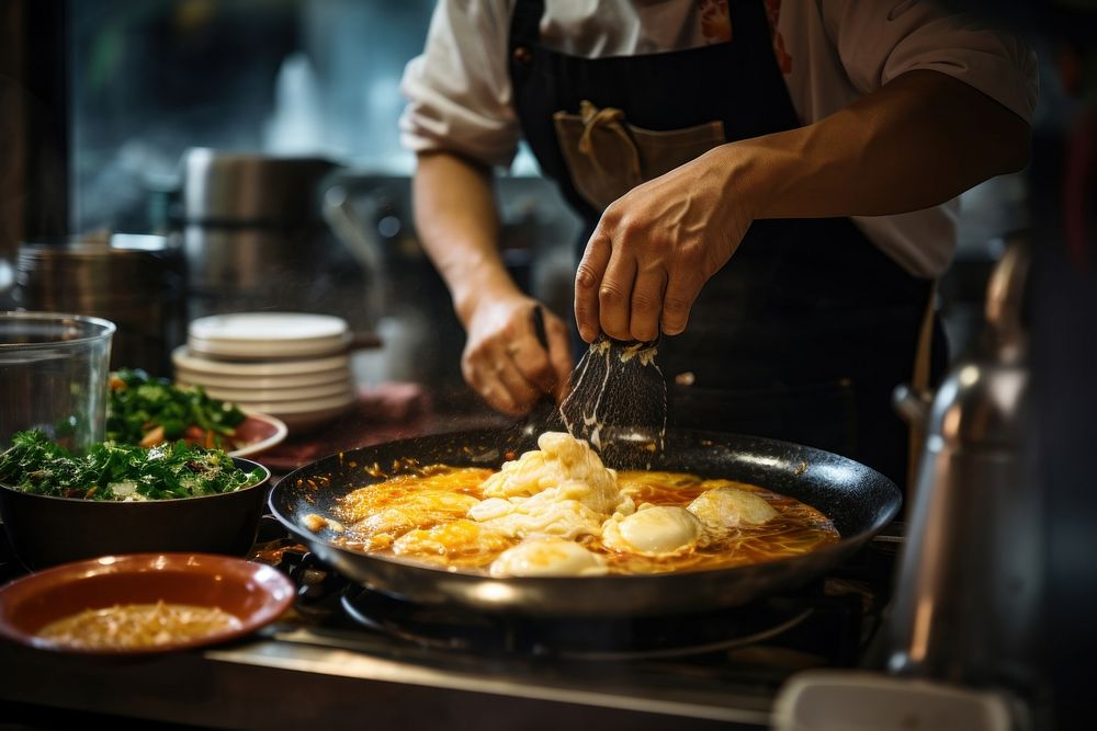 Japanese chef cooking omlete on a frying pan restaurant kitchen midsection. AI generated Image by rawpixel.