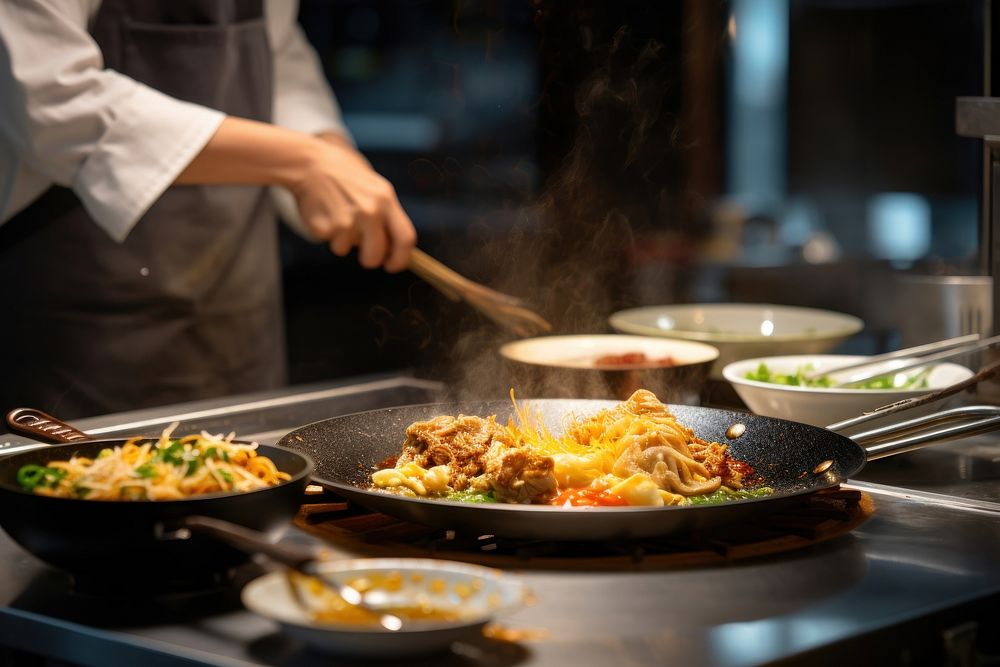 Japanese chef cooking omlete on a frying pan restaurant food chopsticks. AI generated Image by rawpixel.