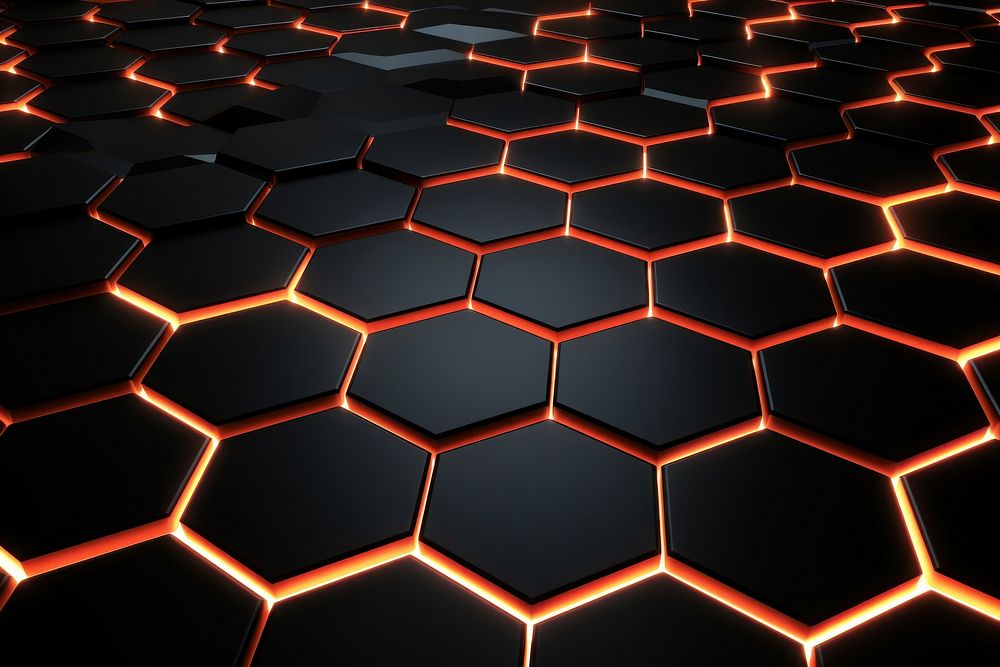 Monochrome neon light hexagon pattern honeycomb black architecture.