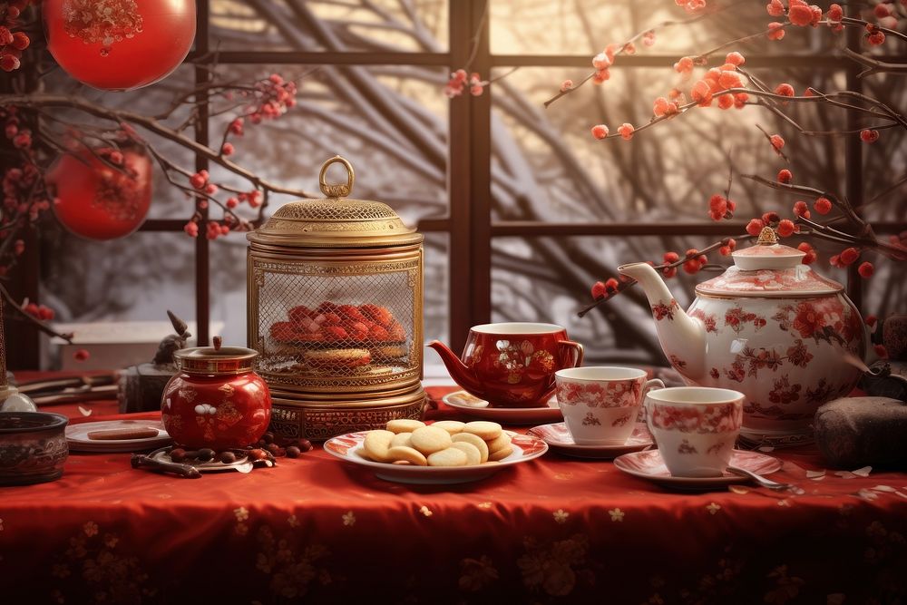 Chinese New Year style of tea party table food cup.