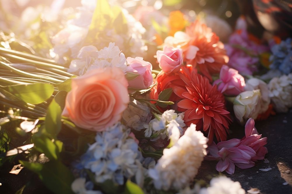 Flower bouquet on the ground sunlight outdoors blossom. AI generated Image by rawpixel.