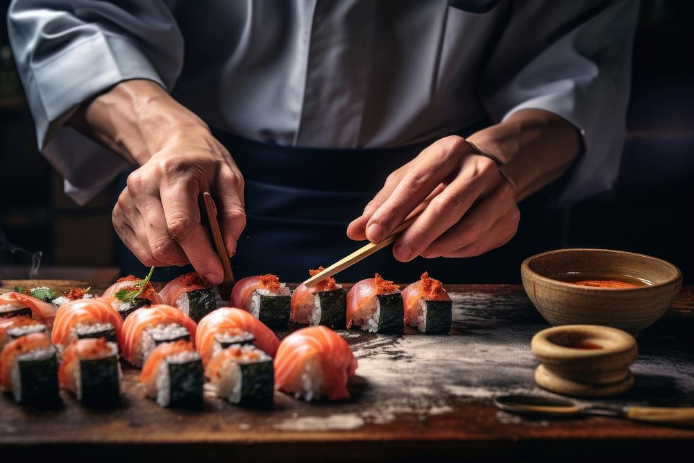 Japanese chef making sushi chopsticks food freshness. AI generated Image by rawpixel.