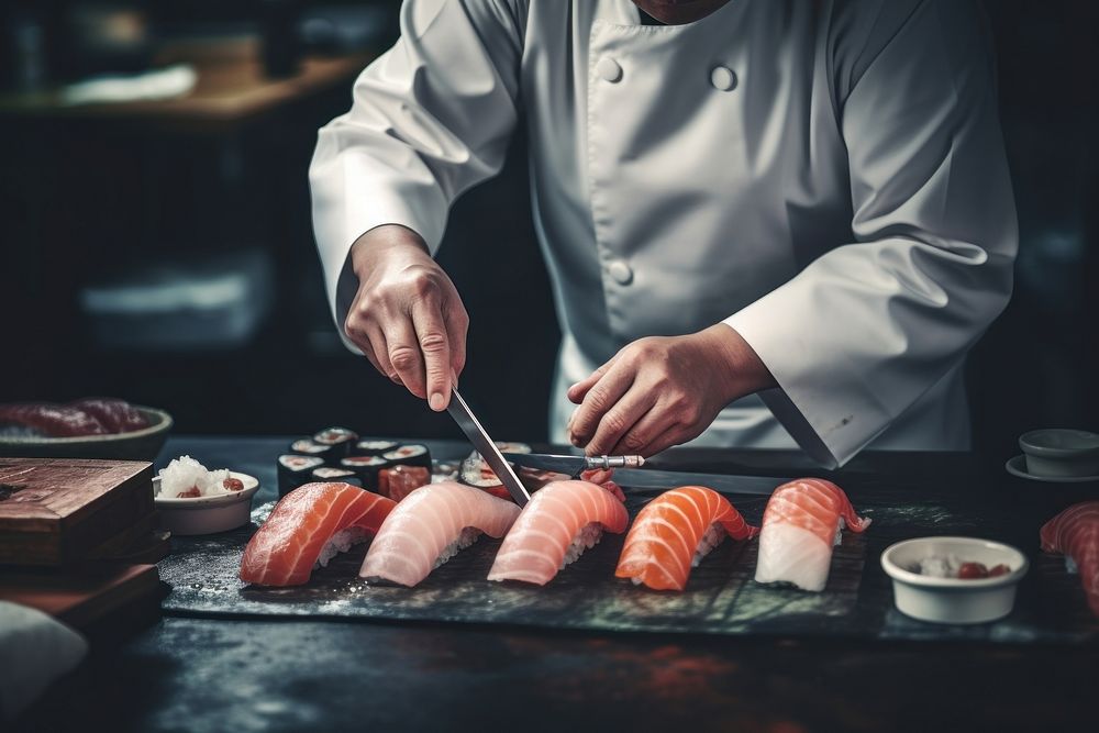 Japanese chef making sushi restaurant food meat. AI generated Image by rawpixel.