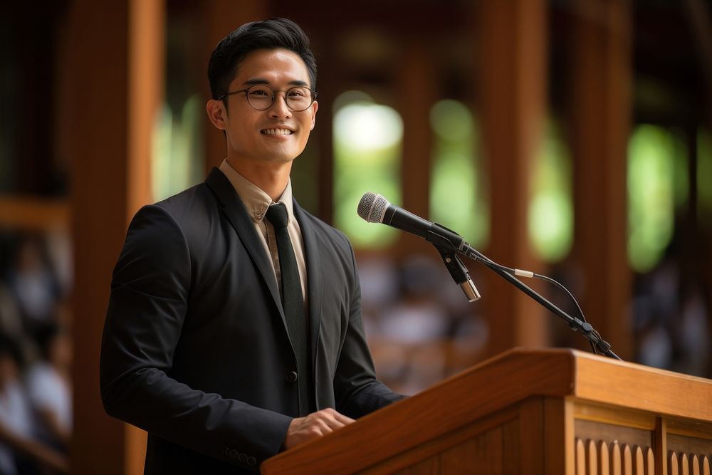 Thai men university teacher microphone standing glasses.