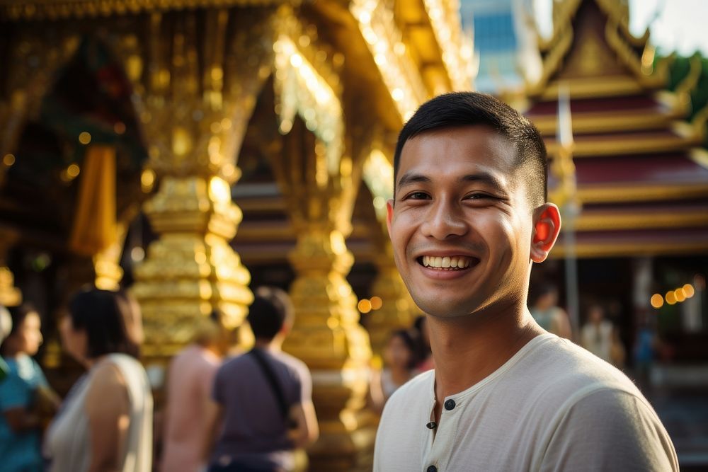 Thai men smiling temple architecture building.