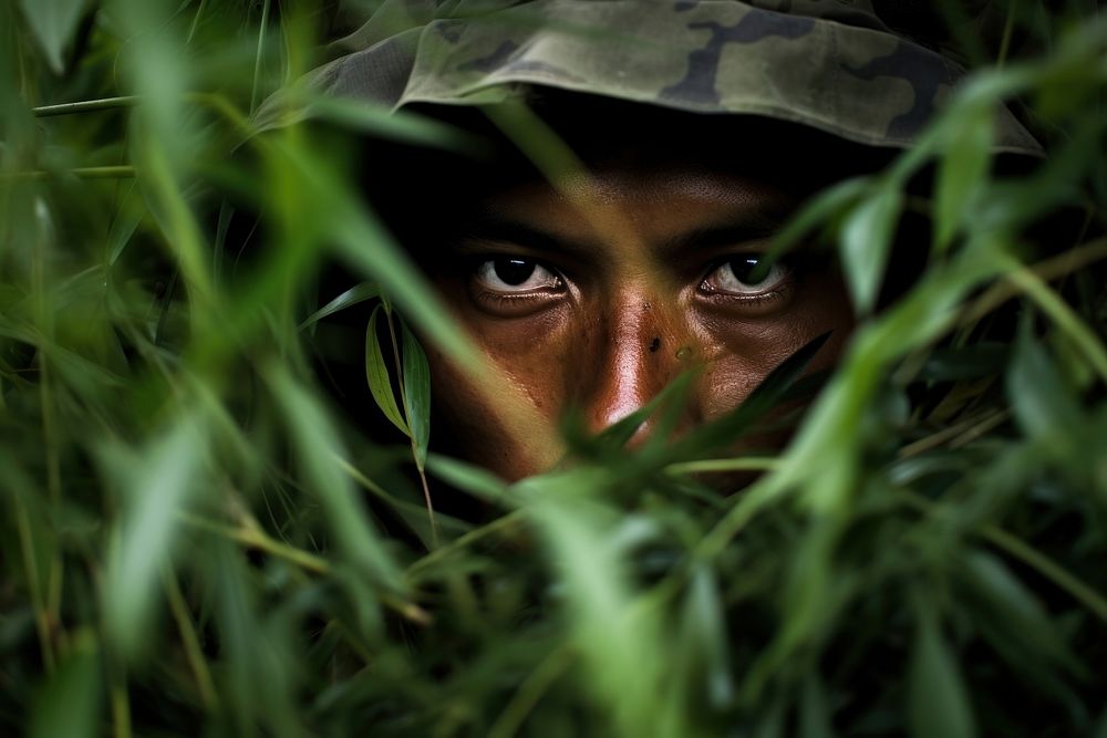 Thai military hiding behind tree portrait headshot outdoors.