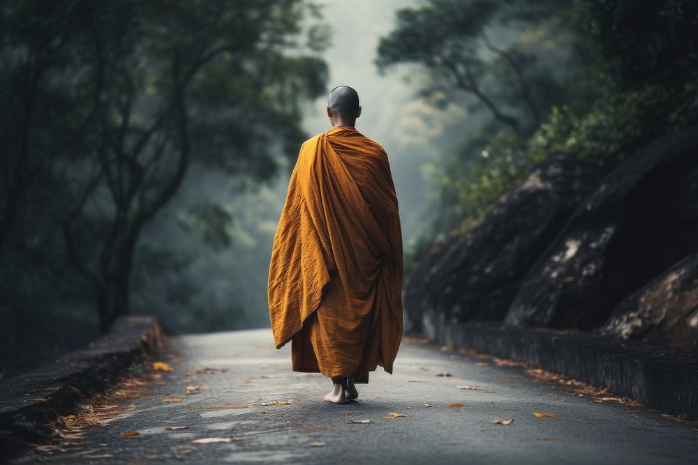 Thai monk walking on the road adult spirituality meditating.