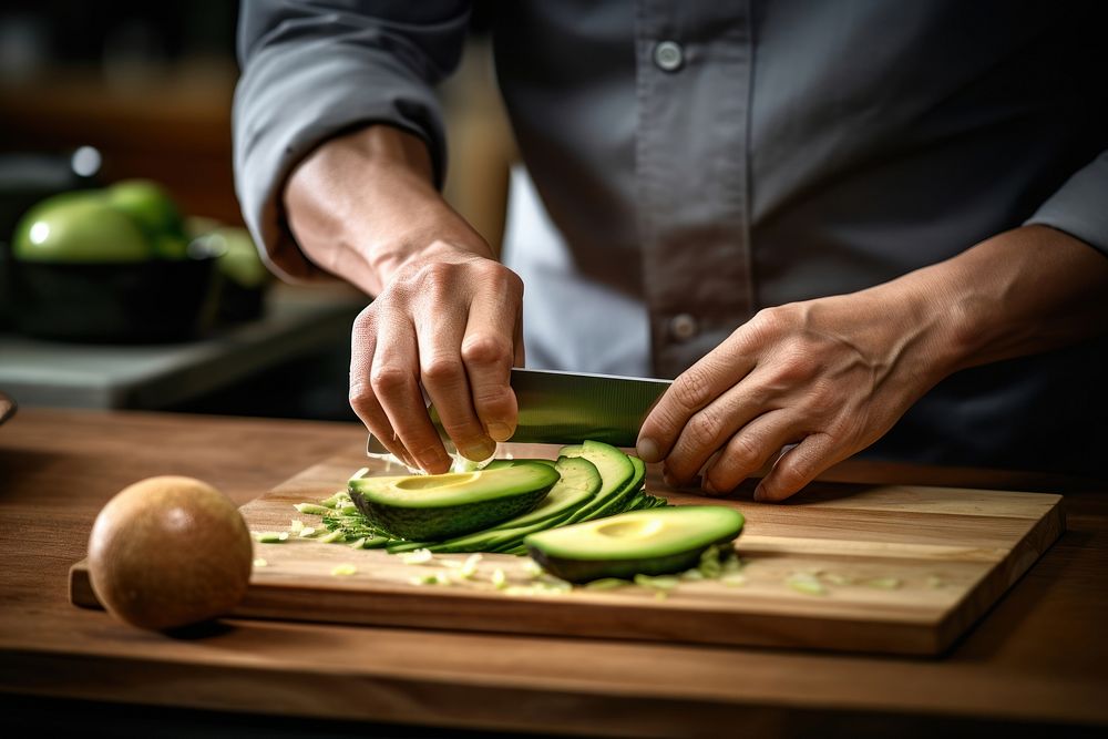 Japanese chef chopping avocado cooking knife food. AI generated Image by rawpixel.