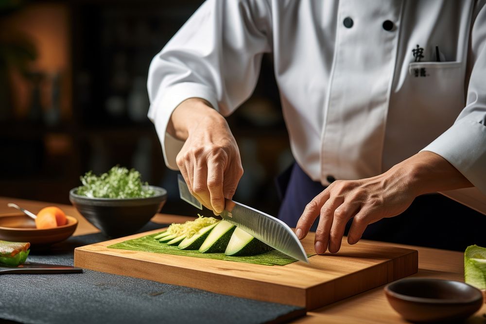 Japanese chef chopping avocado restaurant cooking food. AI generated Image by rawpixel.