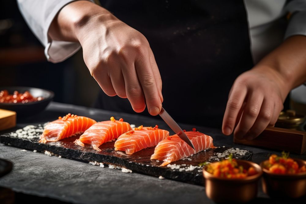 Japnaese chef hand making sushi restaurant seafood salmon. AI generated Image by rawpixel.