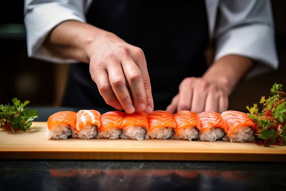 Japnaese chef hand making sushi restaurant seafood vegetable. AI generated Image by rawpixel.