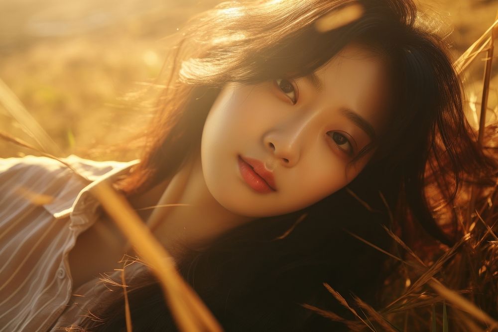 Korean girl lying on golden grass sunlight portrait photo. AI generated Image by rawpixel.