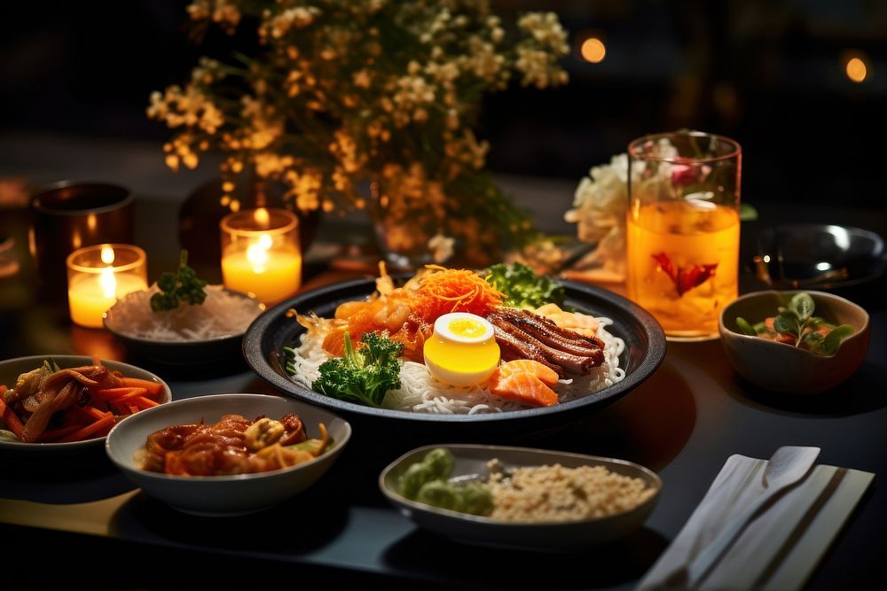 Korean food on a fine dining table brunch night smörgåsbord. AI generated Image by rawpixel.