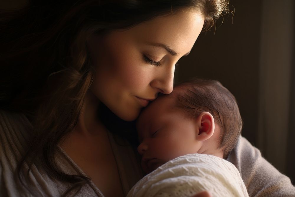 Mother holding her baby born child portrait newborn kissing.