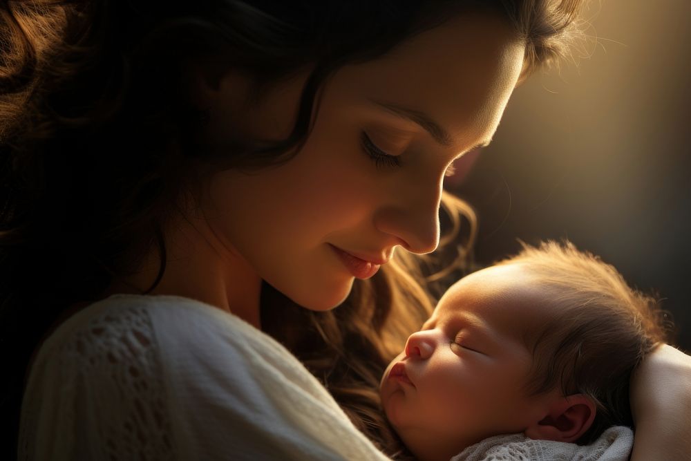 Mother holding her baby born child sleeping portrait newborn.