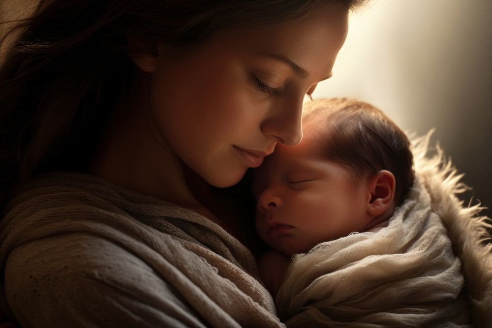 Mother holding her babyborn child sleeping portrait newborn.
