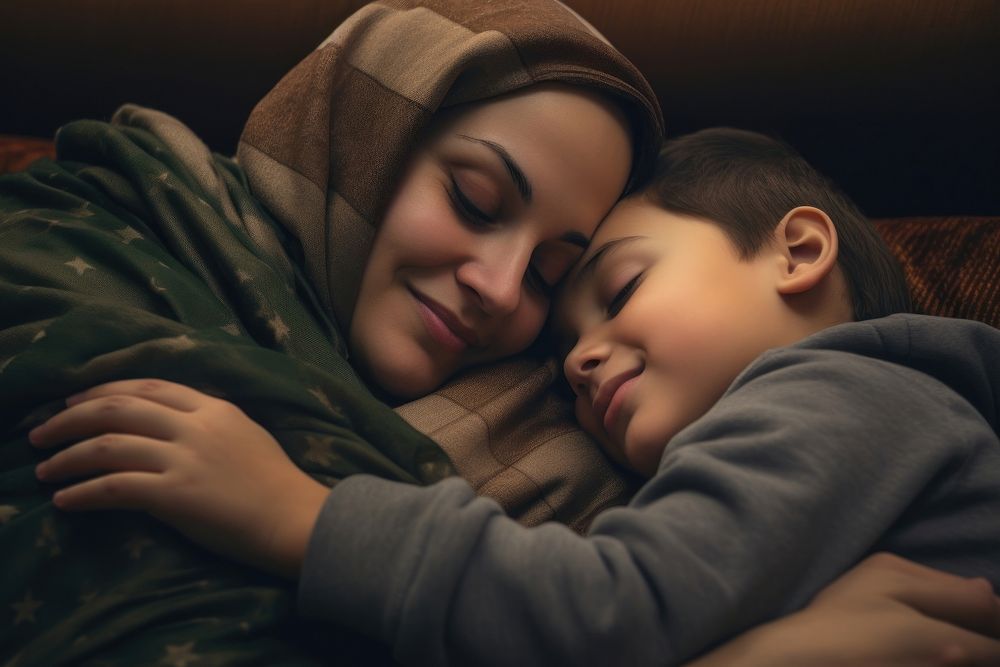 Muslim mother hugging son blanket affectionate togetherness.