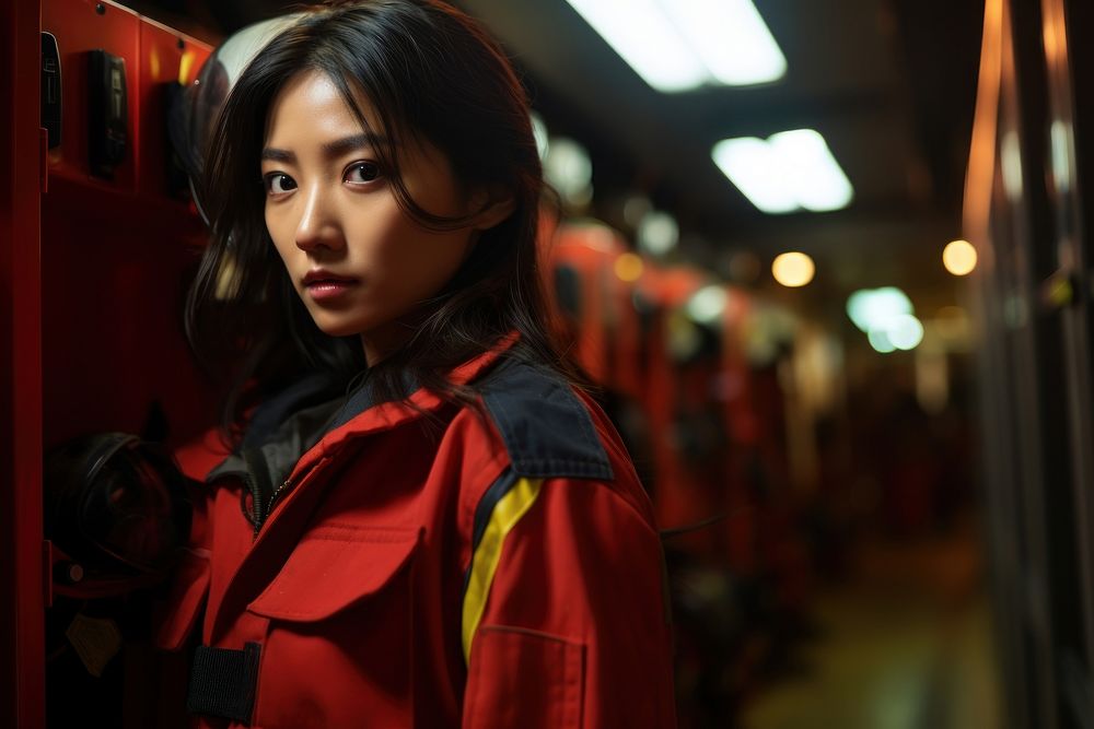 Young asian woman firefighter wearing uniform portrait adult photo.