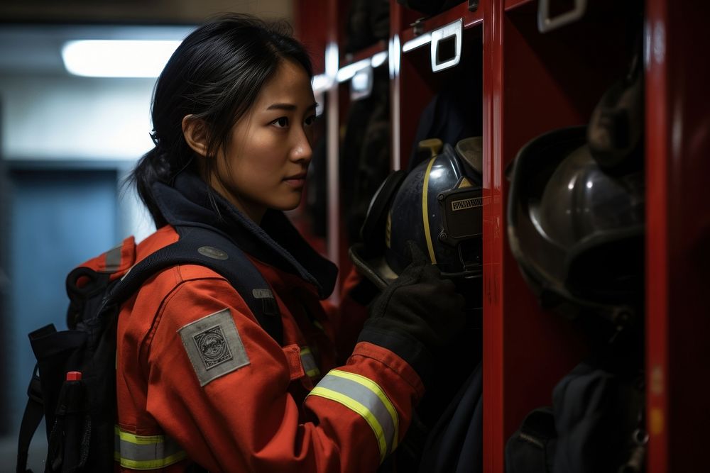 Young asian woman firefighter wearing uniform adult extinguishing protection.
