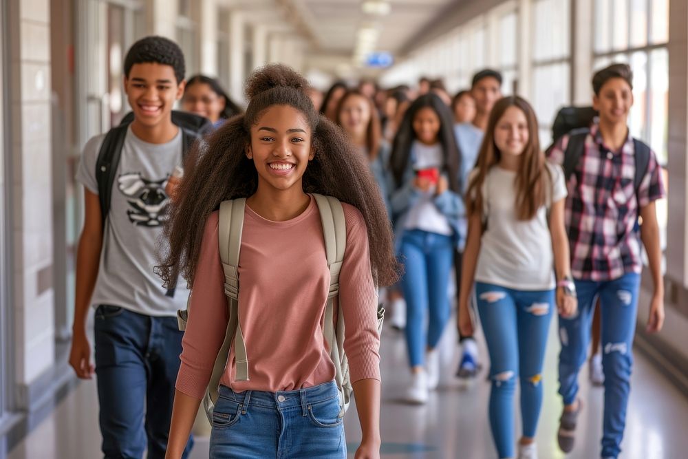 Diversity students walking down the hallway school adult smile.